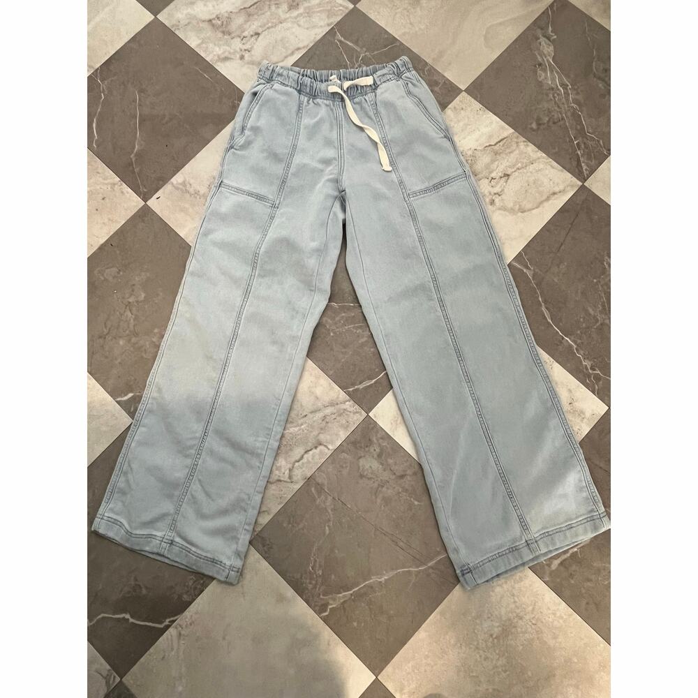 Aerie Womens XS Wide Leg Denim Pants Light Wash Pull On Drawstring Casual Lounge
